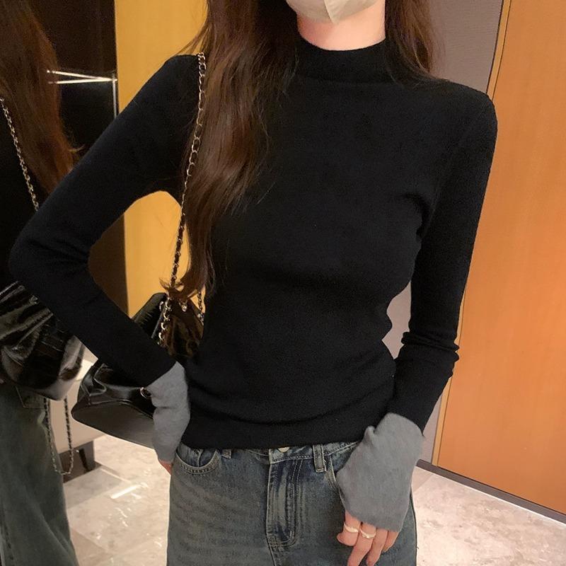 

Spring temperament semi-turtleneck contrasting knitted top women s inner bottoming shirt slim-fitting sweet and spicy sweater L чорний