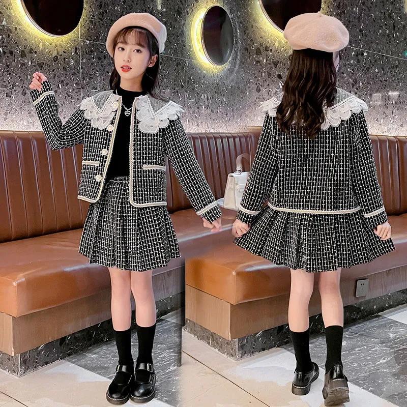 Girls' Autumn Elegant Set Design: Lace Button Jacket + Skirt Two-Piece Set