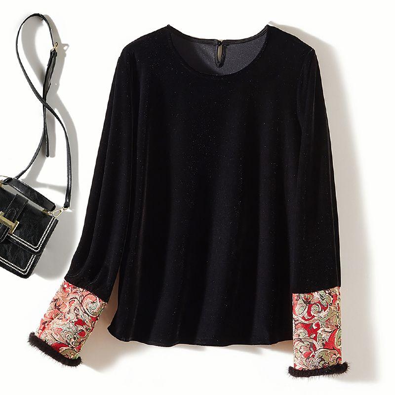 

Fur Sleeve! Imitation Fur Feeling Gold Velvet round Neck Long Sleeve Pullover T-shirt Retro Affordable Luxury Female Autumn and Winter Undershirt Black L