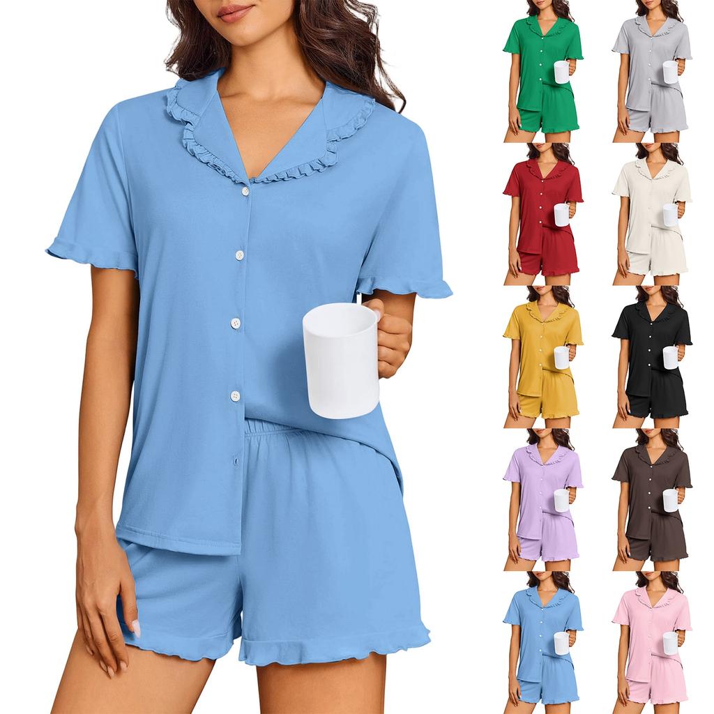 Women Pajama Set Short Sleeve Button Down Top with Ruffle Collar and Matching Shorts Two Piece Sleepwear Loungewear Set