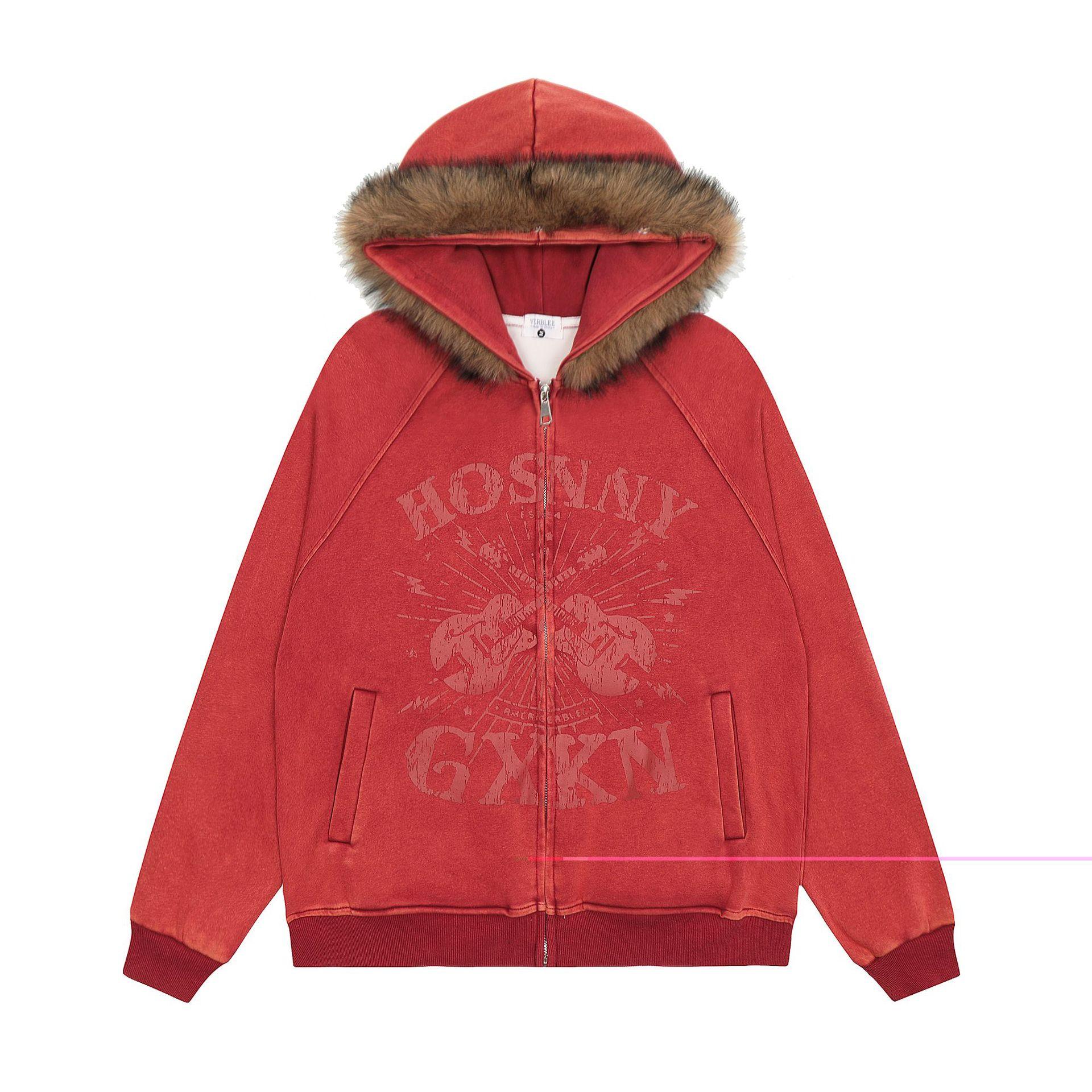 Men s autumn new American street washed printed hoodie men s and women s sweater collar cardigan hooded sweater M красный