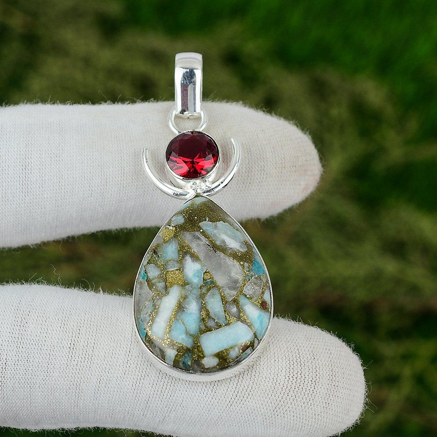 

Pear Copper Larimar Gemstone Mozambique Garnet Sterling Silver Bezel New Pendant