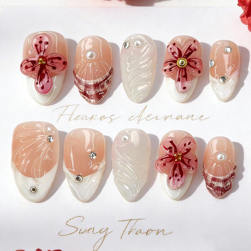 30-Piece Set: 3D Stereo French White Rhinestone Almond Nail Art
