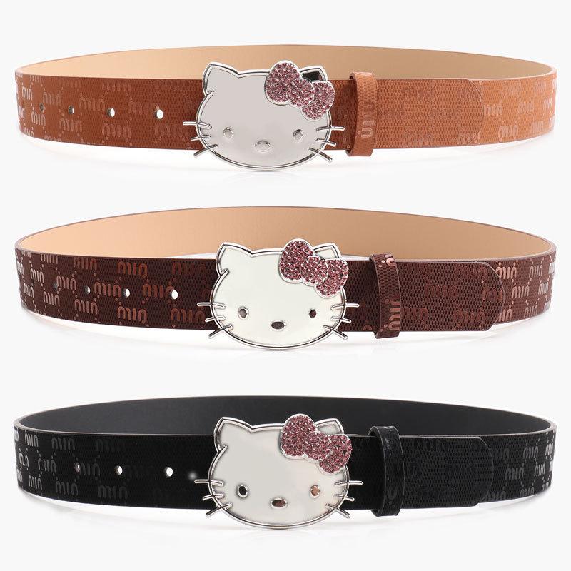 Metalowy Pasek Damski Hello Kitty z Nadrukiem Litery i Cyrkoniami do Codziennego i Eleganckiego Ubioru