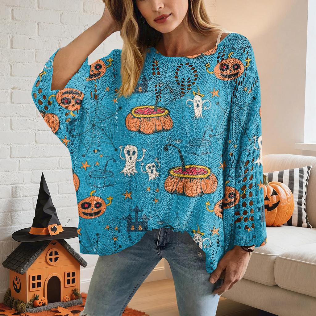 Halloween Crochet Pumpkin Sweater Women, Oversized Pumpkin Knit Pullover,Witch Hat Cozy Fall Sweater