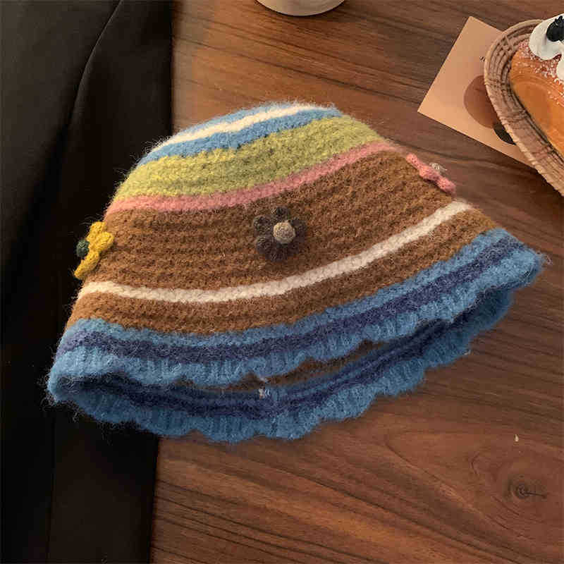 Sweet Flower Knitted Bucket Hat Women's Autumn and Winter Washbasin Hat Big Head Circumference Wool Hat Tide