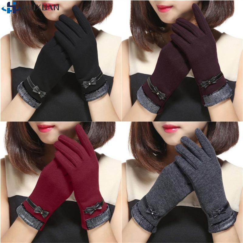 Winter Vintage Bow-Knot Touch Screen Driving Warm Windproof Glove Fashion Grace Lady Gloves Women Mittens