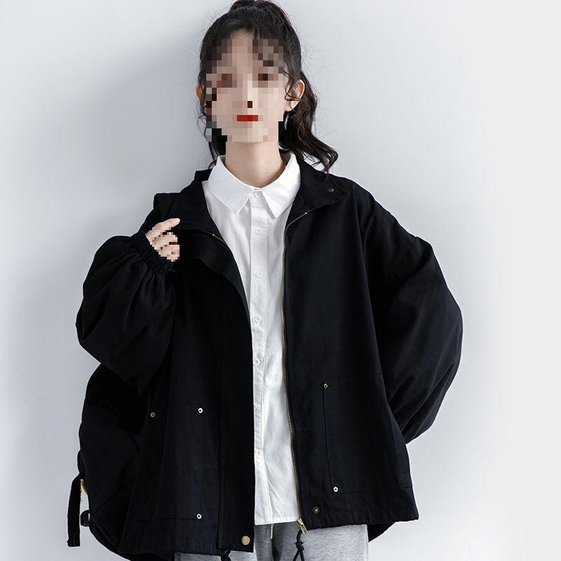 2025 Spring Harajuku BF Style Women's Black Cardigan Jacket - Thin, Boyfriend Fit for Spring/Autumn