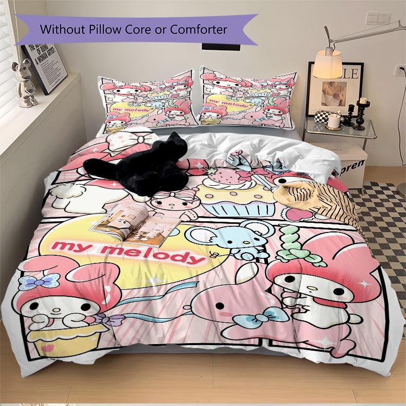 3pcs Pink My Melody Printed Quilt Set Soft and Comfortable Quilt Cover for Bedroom, Guest Room Bedding Set W073