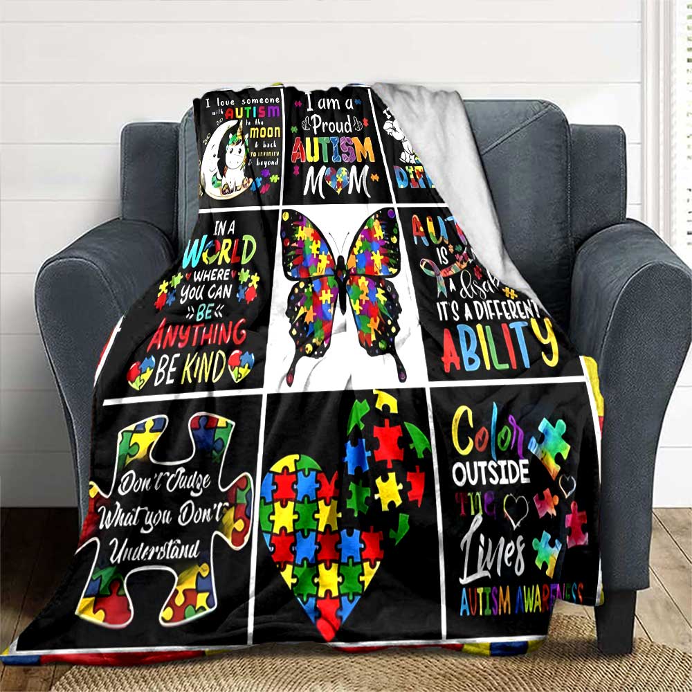 Autism Awareness Quotes Gift Blanket Ultra-Soft for Sofa Couch Office Bed Picnics Four Seasons Universal Digital Print Ideal Picnic Accessory Y47