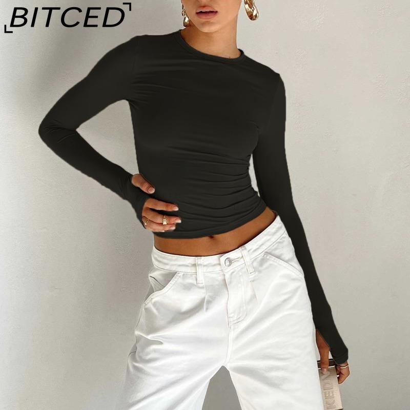 BITCED Women's Spring/Autumn T-Shirt Solid-Colour O-Neck Base Layer Slim-Fit Long-Sleeved Top
