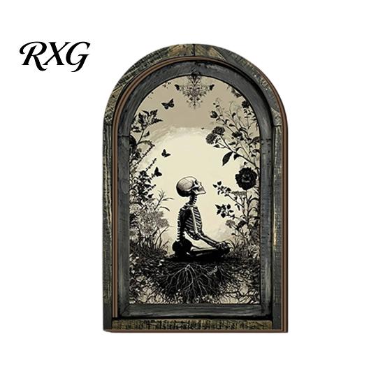 Vintage Halloween Wall Hanging Arched Wooden Decor, Ghost Cat Double-Layer Ornament, Distressed Gothic Rustic Table Decor Tabletop Plaque, Spooky Home