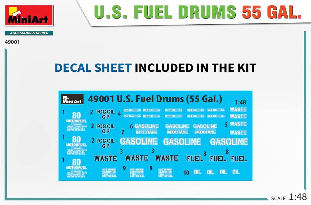 Miniart Scale American 55 Gallon Fuel Drum Plastic Model Kit MA49001 1/48