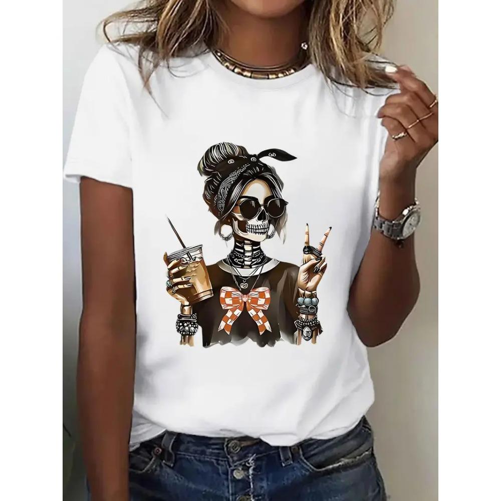 Women's Halloween Skull Pattern Printed T-shirt Skull Pattern Short Sleeve T-shirt Clothing Top T-shirt Summer Women's and Girls' Shirt