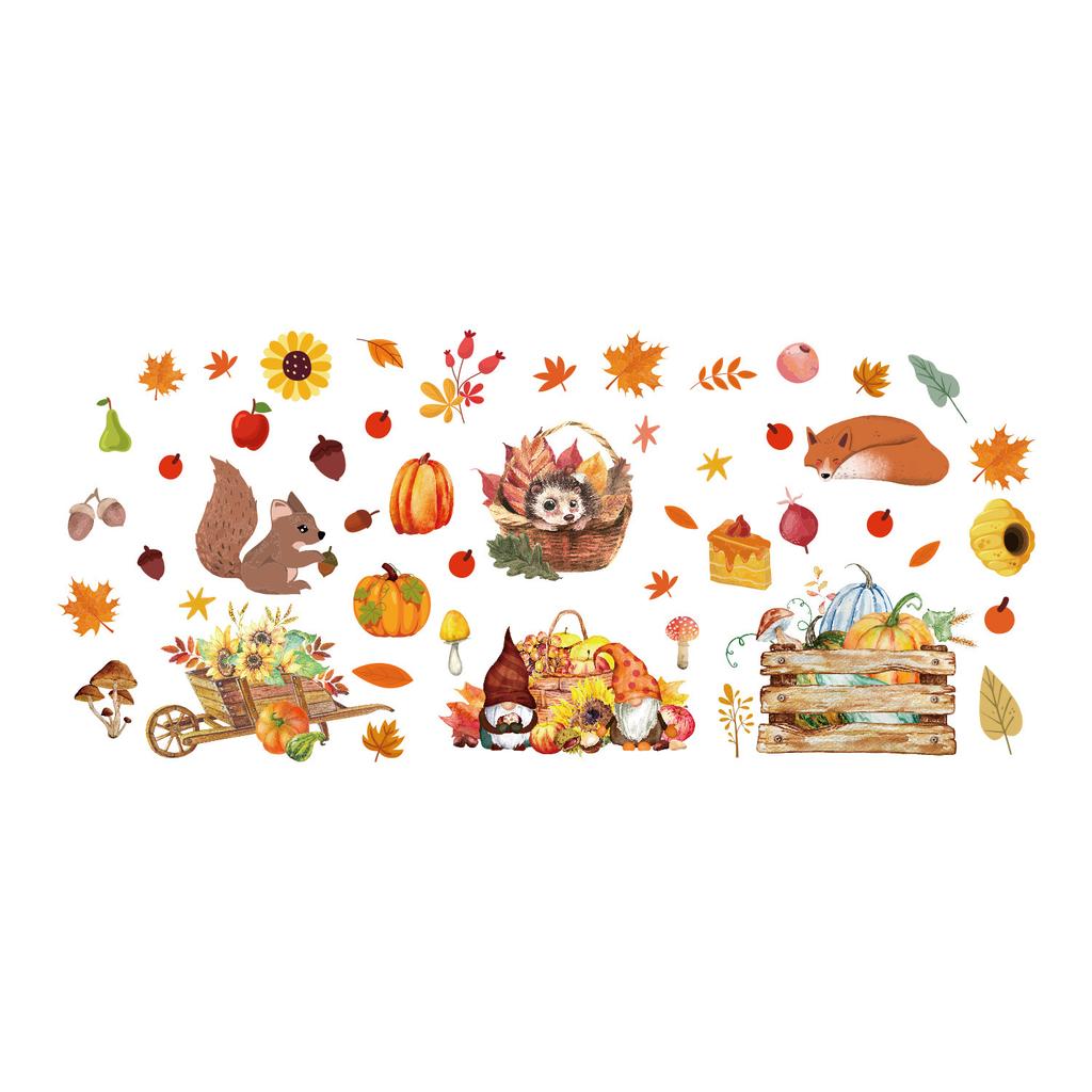 Autumn Maple Leaf Pumpkin Squirrel Static Cling Window Sticker Removable Fridge Glass Decor