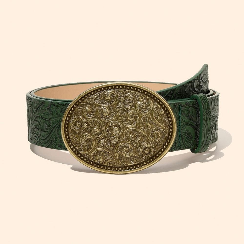 

Fashion PU Leather Western Cowboy Belt Vintage Retro Waistband Y2K Punk Rock Jeans Pants Belt For Man Women зелений