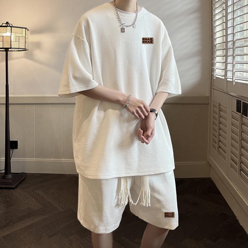 Men's Hong Kong Style Waffle Summer Set - 240g Heavyweight Short Sleeve Sporty Two-Piece