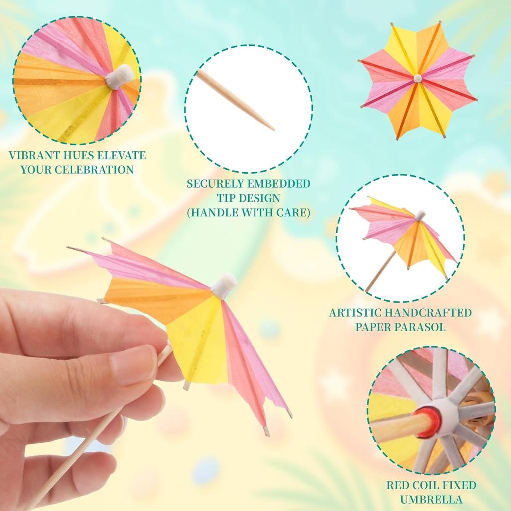 [4 Styles] Cocktail Drink Umbrellas Picks Toothpicks - 70PCS Colorful Variations Cocktail Picks with Wooden Sticks | Mini Paper Parasols for Tiki