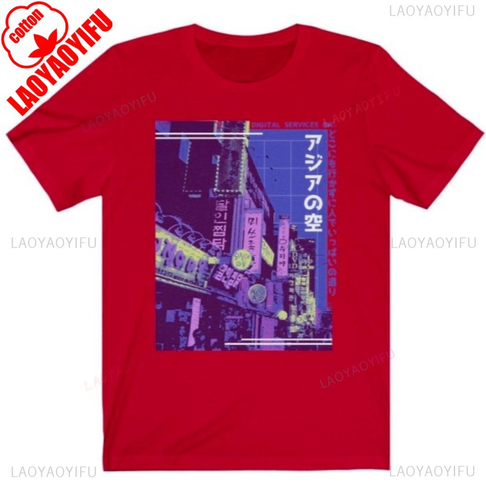 Vaporwave Stadtlandschaft T-Shirt Japanischer Stil Herren Damen Mode Rundhals Baumwolle T-Shirts Y2K Kunst Muster Druck Design Kurzarm