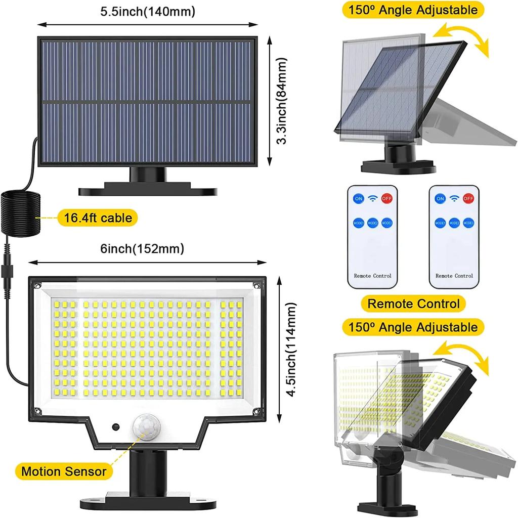 200 LED Solar Motion Lights Waterproof Solar Security Flood Lights Outdoor 3 Modes Remote Solar Powered PIR Lamp Garden Shed