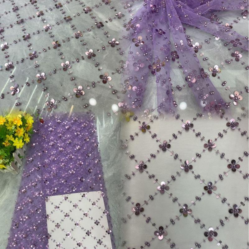 Square Sequins Organza Lace Fabric 1/3/5Yard French Luxury Beads Lace Nigerian Sequins Tulle Lace Fabric for Wedding Party Dress