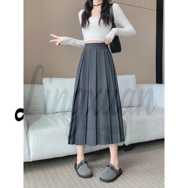 

Plus Size Autumn/Winter Chic A-line Pleated Midi Skirt - Solid Color 2XL серый