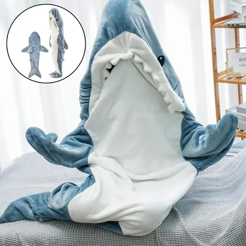 Cartoon Shark Blanket Plaid Gown Sleeping Bag Women Pajamas Adult Blanket Flannel Shark Nightrobe Comfy Bathrobe Homewear Gift