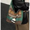 Plaid Canvas Tote Bag: Cute Cartoon Design, Large Capacity, Commuter-Friendly Shoulder Bag for Women