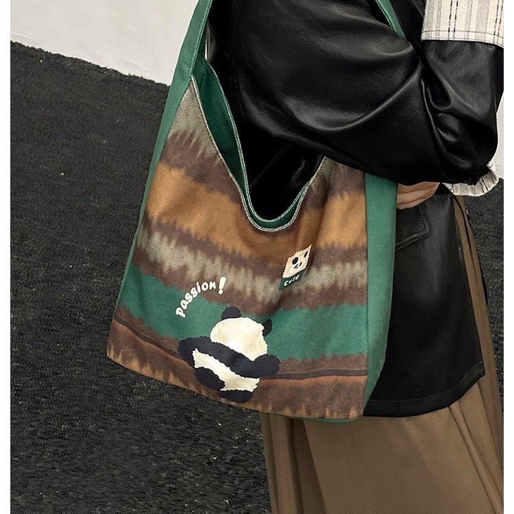 Plaid Canvas Tote Bag: Cute Cartoon Design, Large Capacity, Commuter-Friendly Shoulder Bag for Women