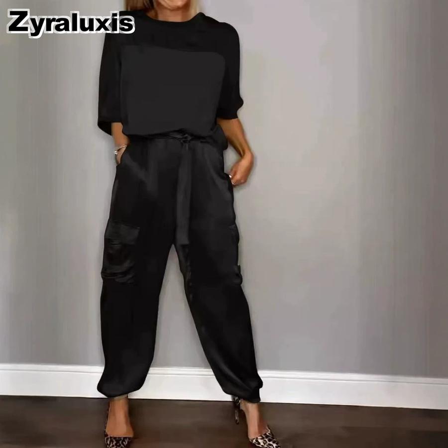 Women's Two Piece Set - Sleeveless Top & Pants, Solid Color Loose Casual Smooth Satin Pocketed Fashion Outfit