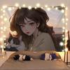 Anime Girl And Cat Healing Scenery Tapestry Wall Hanging Decorative Fabric for Room Headboard And Background Decoration