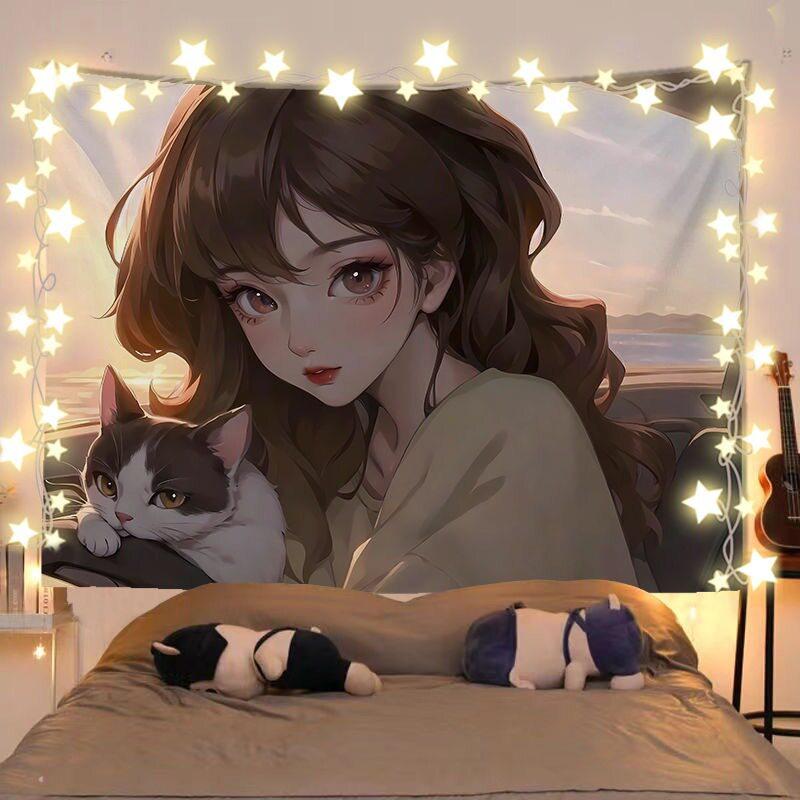 Anime Girl And Cat Healing Scenery Tapestry Wall Hanging Decorative Fabric for Room Headboard And Background Decoration