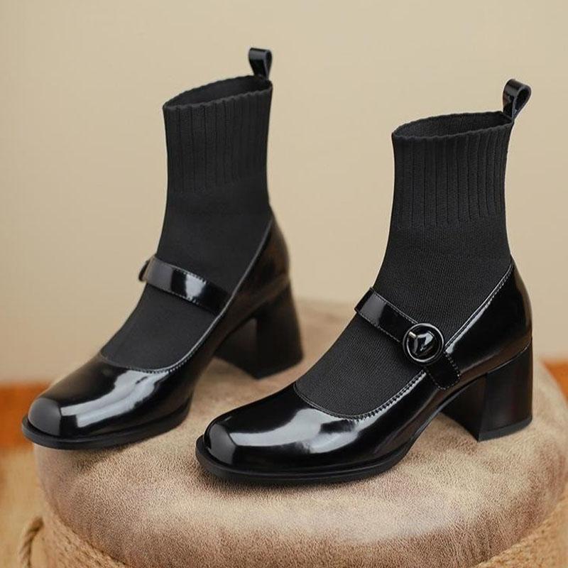 

New Women High Heel Boots Fashion Block Heels Mary Jane Calf Boots Lady Patent Leather Shoes Stretch Knitted Fabric Sock Boots 39 чёрный