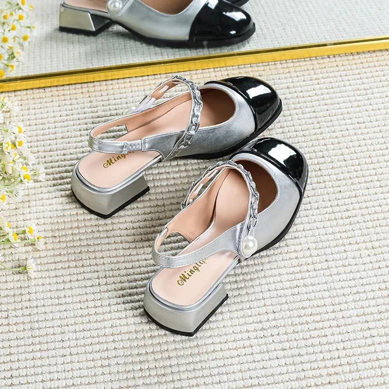 Fashion 2025 New Single Women's High Heels Round Head Vintage Mary Jane Chunky Heel Hepburn Pearl Shoes