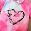 Girls Summer Outfit New Tie Dye Heart Print Short Sleeve Top  Shorts Set Casual Style