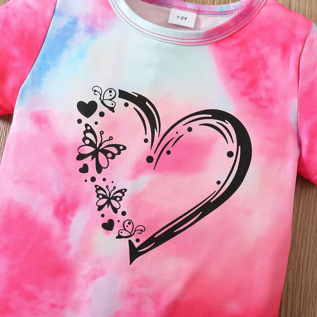 Girls Summer Outfit New Tie Dye Heart Print Short Sleeve Top  Shorts Set Casual Style