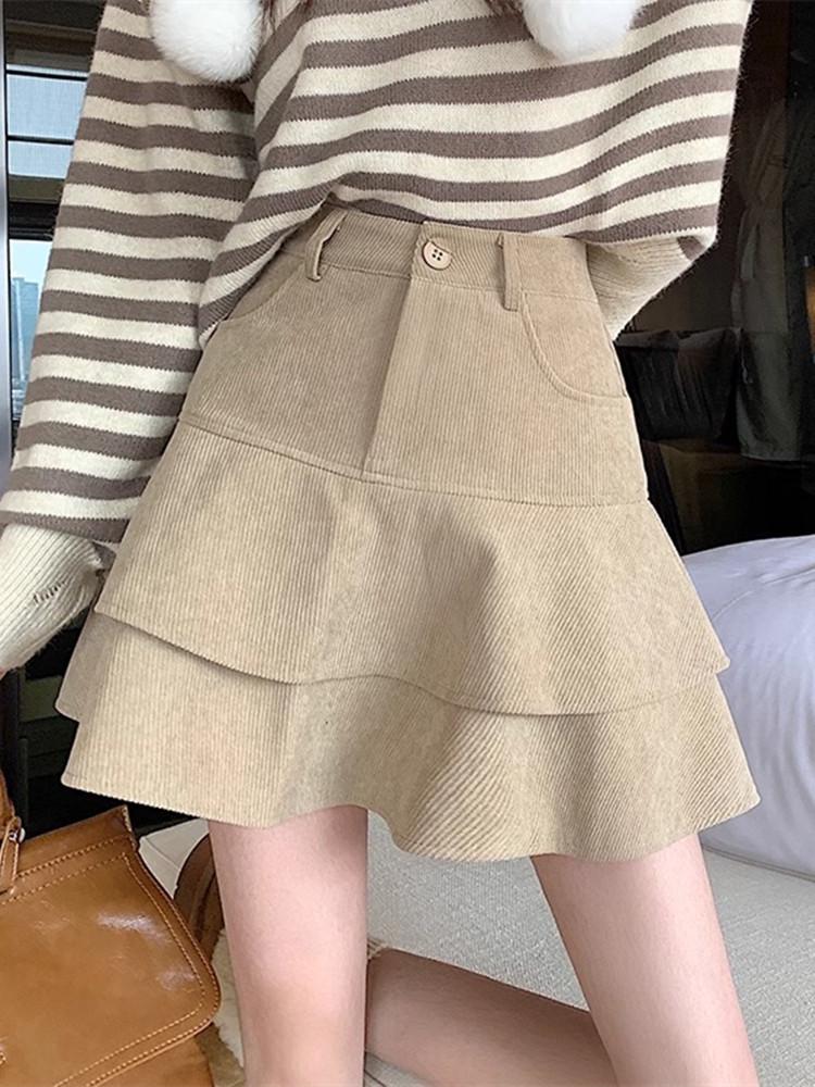 Women's Coffee Corduroy Pleated High-Waisted A-Line Skirt - Hip-Hugging Fluffy Short Skirt for Fall/Winter