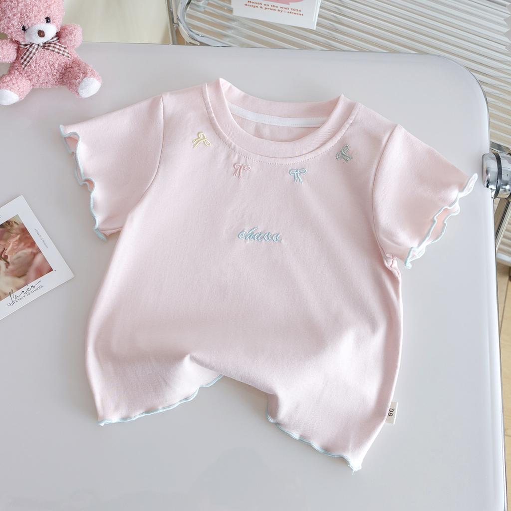 Girls Summer Short Sleeve T Shirt With Bow Tie Baby Versatile Base Layer Top Trendy Casual Tee For Kids