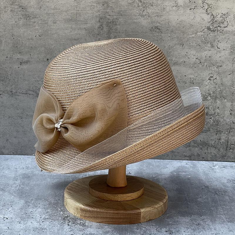 French Elegant Hepburn Style Bow Veil Curved Edge Bucket Hat Women'S Summer Straw Hat Sun Protection Face Visor