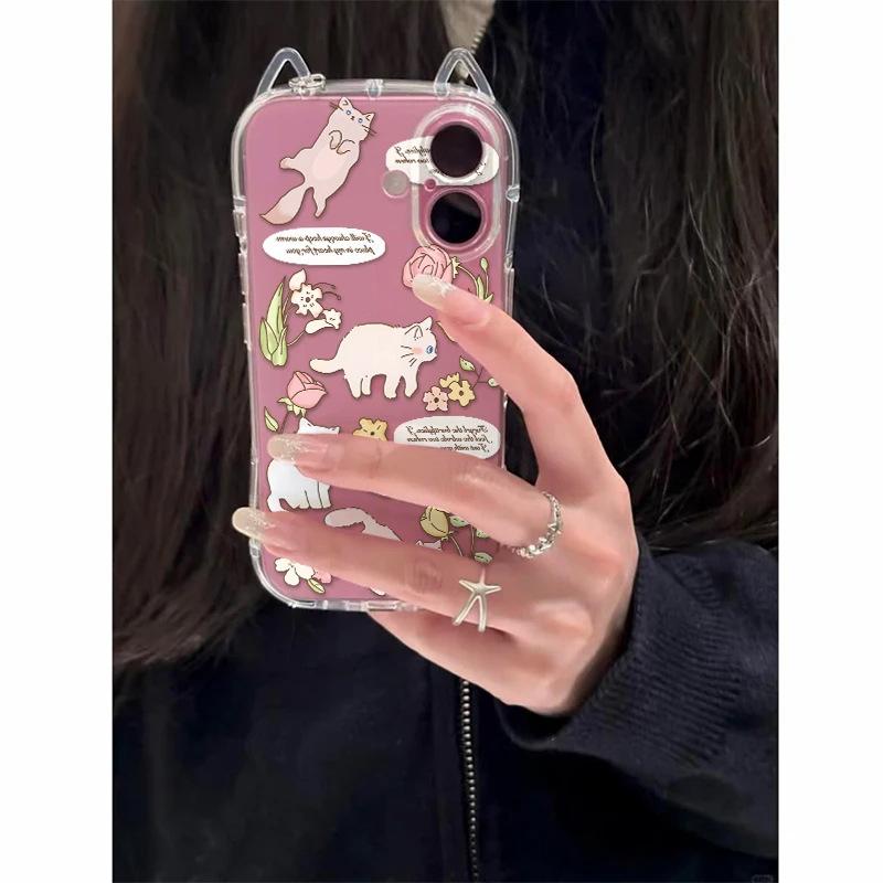 Small Fresh Garden Cat Apple 17Pro Mobile Phone Case IP16 Cat Ears Air Transparent 15 Women 14 Anti-drop 13 Soft Cover