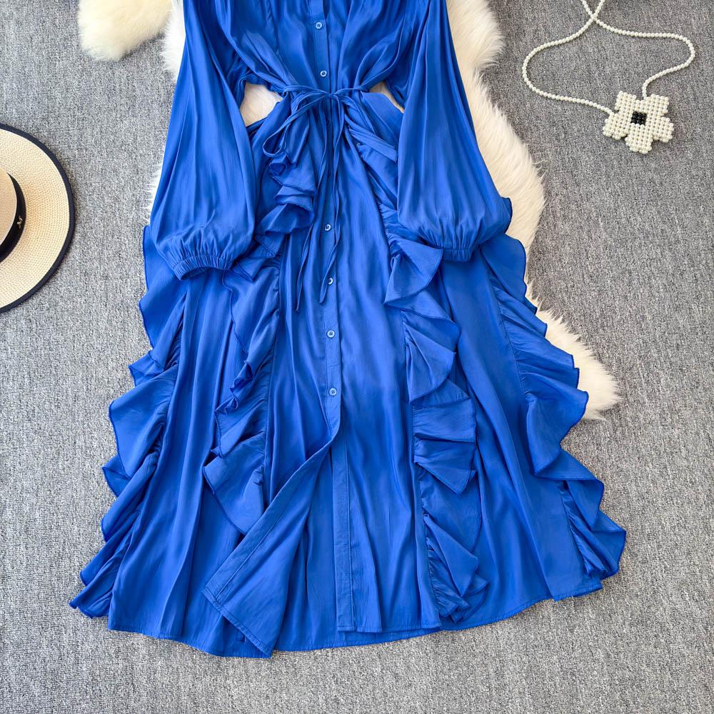 Jemný styl Temperament Bublinkové rukávy Stojáček Stahovaný pas Áčkový střih Volánový okraj Šifonové šaty Elegantní Velká kolová Dlouhé šaty