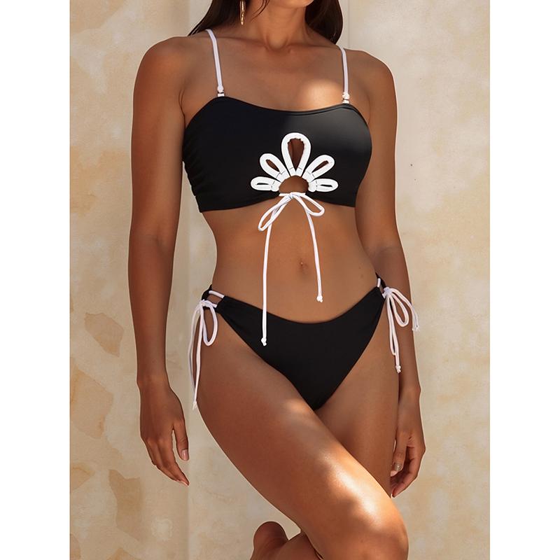 Black White Contrast Bandeau Bikinis Sets String Lace-up Micro Thong Sexy Swimsuit Women Ladies Swimwear Hollow Out Bather