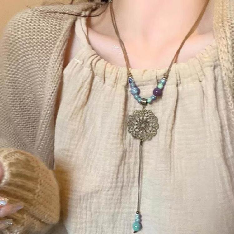 Fashion Ceramics Beads Pendant Necklace Ethnic Long Chain Jewelry Gift for Women