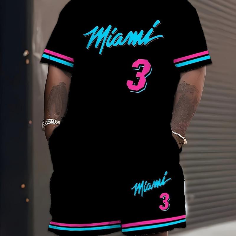

2025 New Men MIAMI NO.3 Print Casual Short Sleeve T-Shirt Shorts Set Adult Basketball Jersey Jogging Suit 2 Piece Set Clothes 6XL