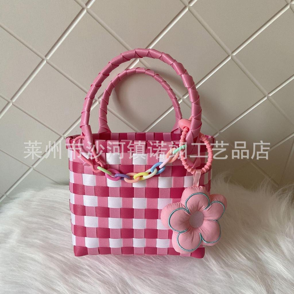 Γυναικεία Υφαντή Καλοκαιρινή Τσάντα Παραλίας: Απλή Πλαστική Τσάντα Χειρός, Μικρός Τετράγωνος Σχεδιασμός για Ψώνια και Παιδιά.