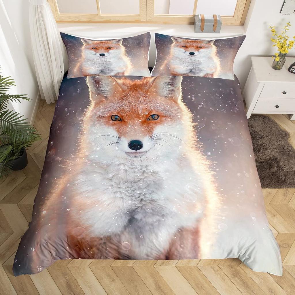 Fox Print Comforter Cover Bedding Set For Boys Girls Children 3D Animal Theme Duvet Cover Room Decor Full Size Quilt Cover 3Pcs