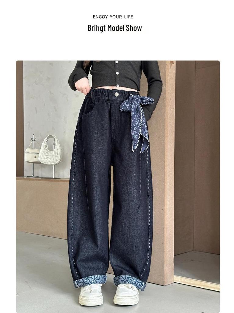 2025 Autumn Girls' Korean-Style Loose Wide-Leg Jeans for Middle & Big Kids