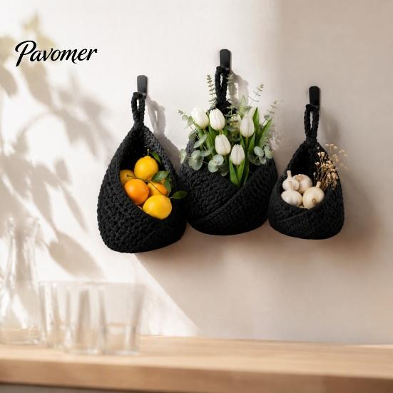 Neutraler Creme-Stil Dekor 3 Stück Hängender Gewebter Baumwollseil Aufbewahrungskorb, Wandmontierter Organizer Boho Küche Obst Hängematte Beutel, Multifunktional