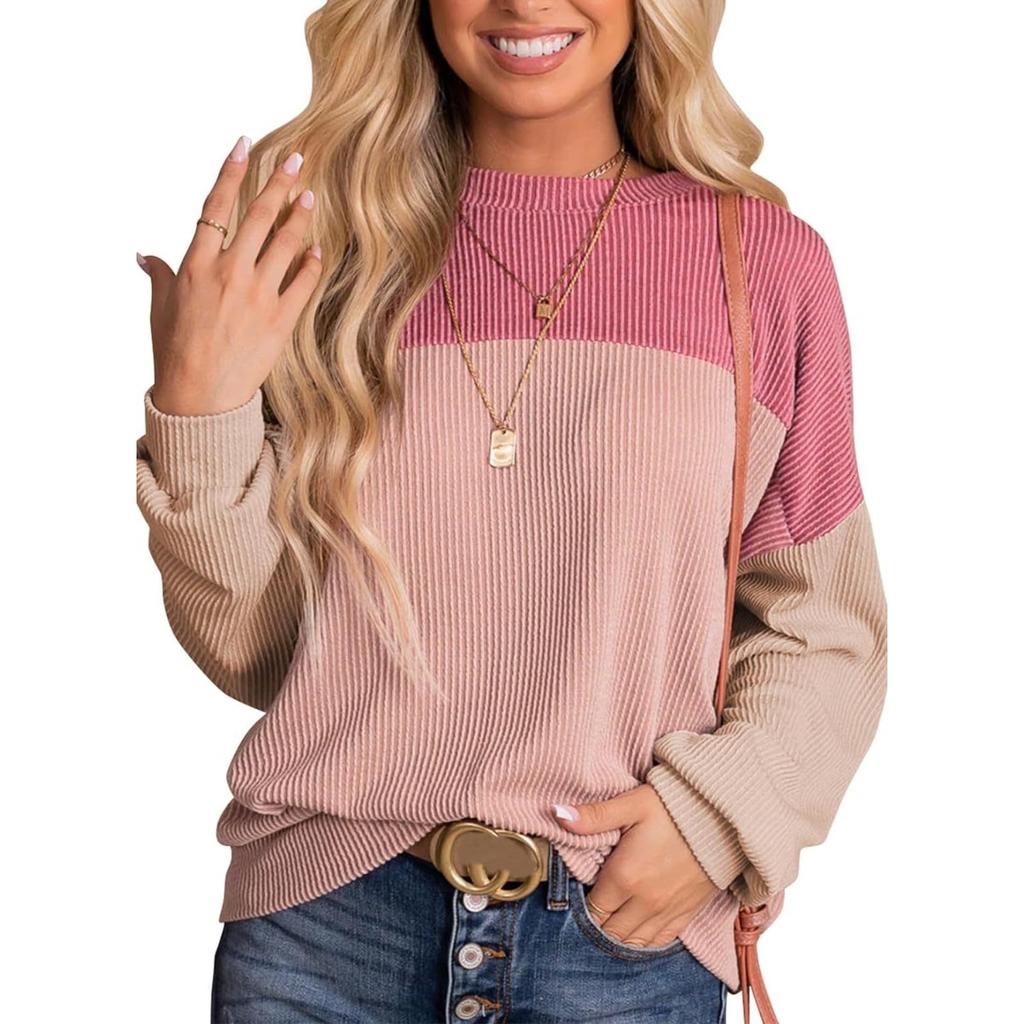 New Color Block Loose Casual Pullover Sweatshirt T-shirt, Women's Tops for Women, European American Style Crossbody Apparel