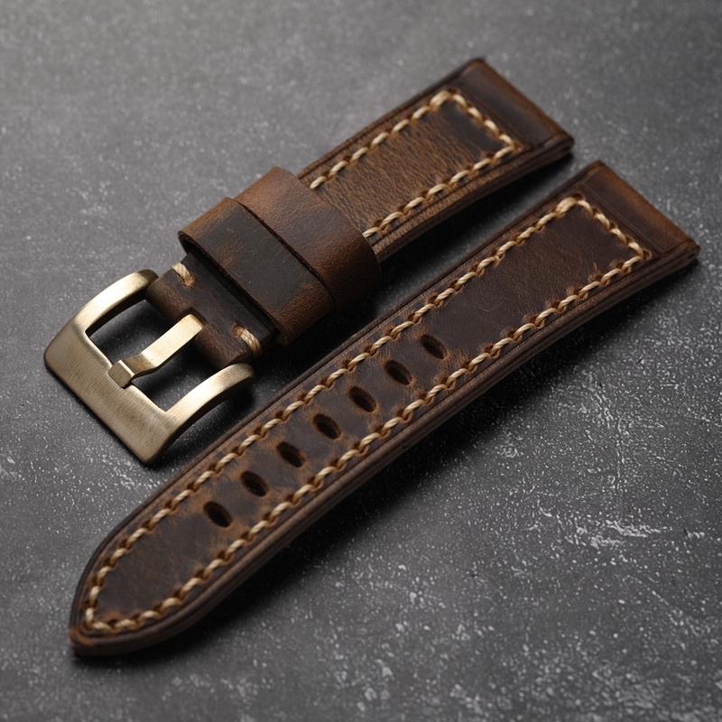 

Классический ремешок для часов ручной работы из воловьей кожи 20 21 22 23 24 мм, винтажный кожаный браслет с мягкой утолщенной бронзовой пряжкой 22mm
